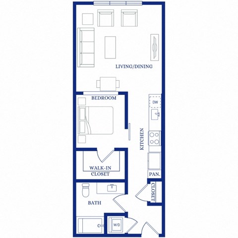 Floor plan for 1 bed, 1 bath, 696 sqft